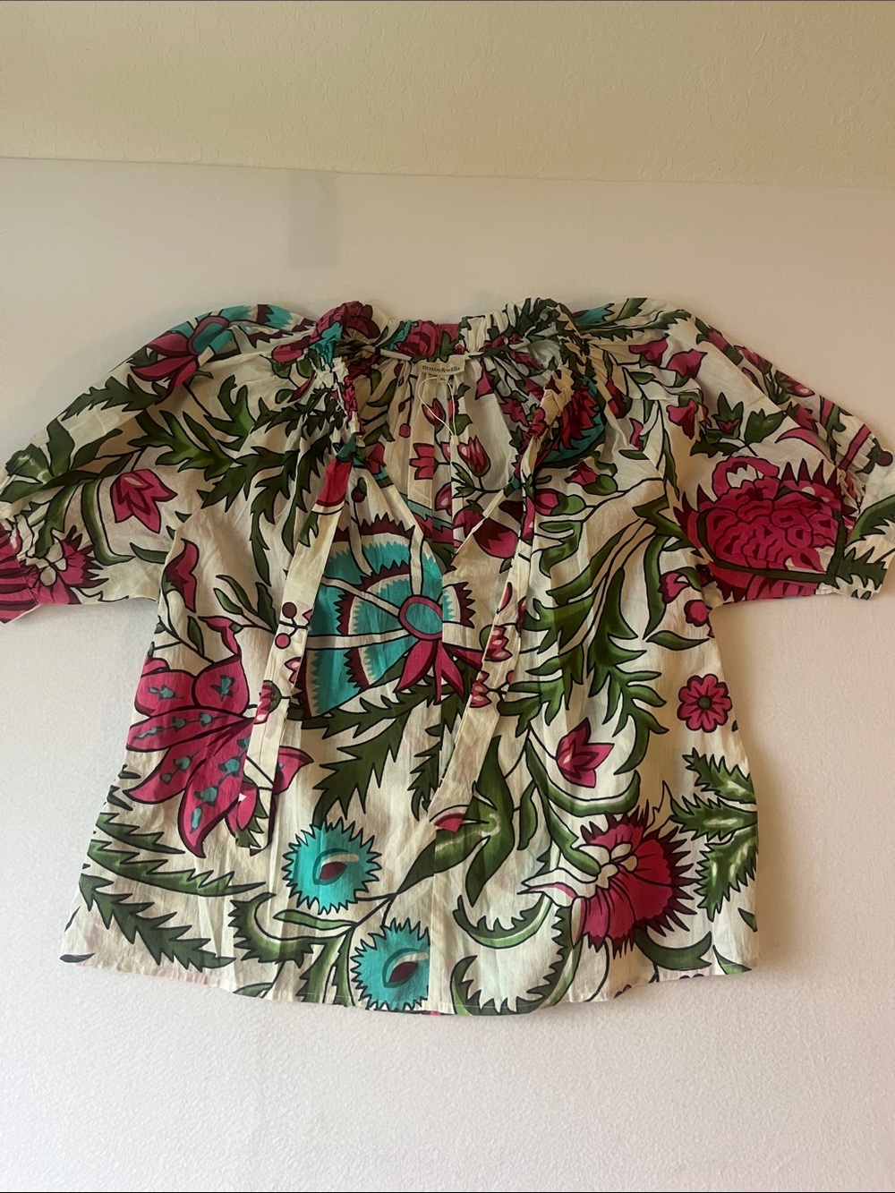 Fitzroy & Willa Floral Tie-Neck Blouse in Pink, Teal & Green